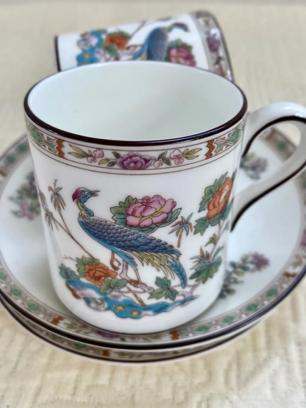 Wedgwood Bone China Coffee Cups. English Kutani Crane Espresso Set of 3. New.